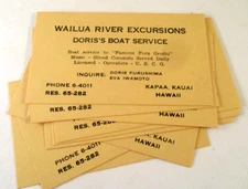 9 Vtg WAILUA RIVER EXCURSIONS DORIS'S BOAT SERVICE KAPAA KAUAI HI BUSINESS CARDS
