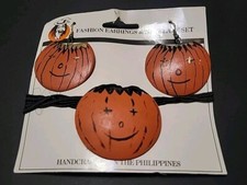 Vintage NOS Pumpkin Necklace Earrings Set Halloween Jack O Lantern