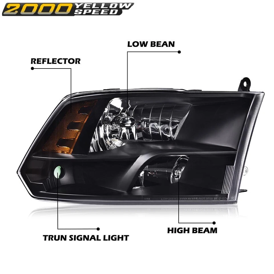 Fit For 2009-2012 Ram 1500 2500 3500 Black Housing Amber Corner Headlights Pair Foto 3 de 4