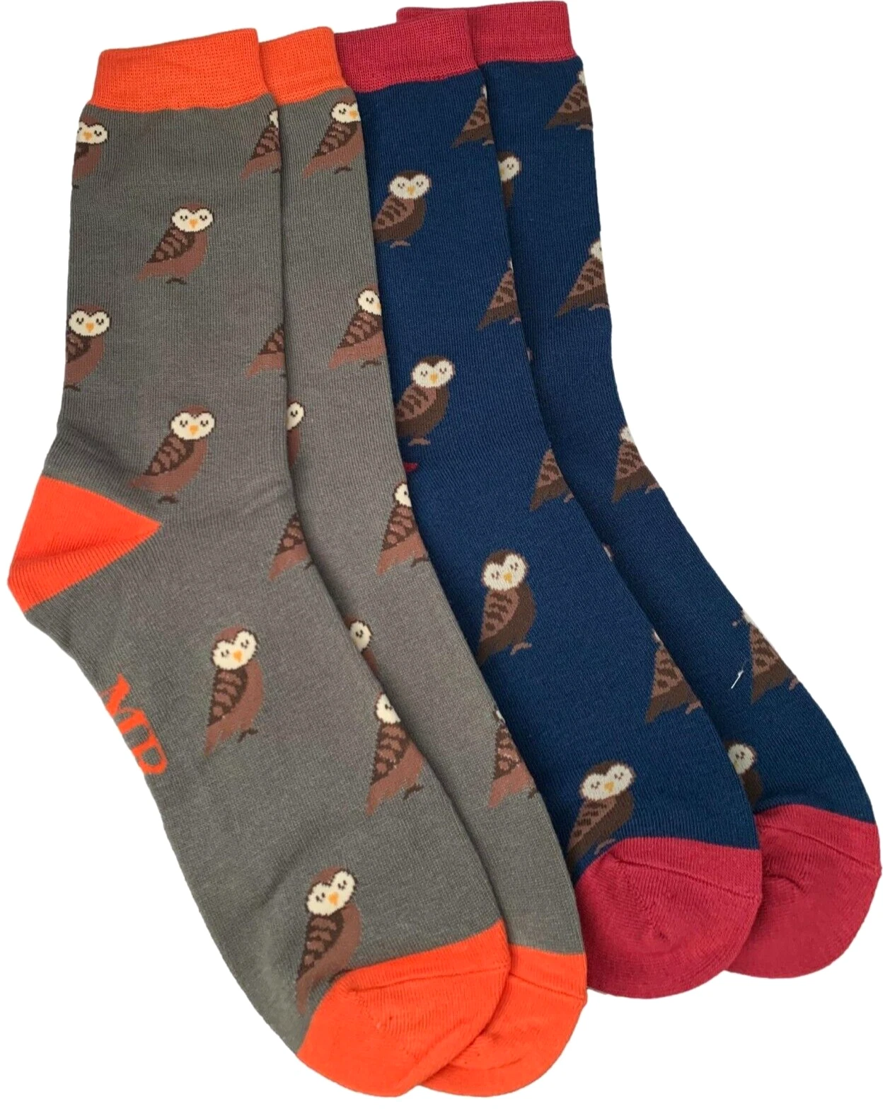 Mens Socks Owls 2 Pair Pack Fun Novelty Grey Navy Blue Orange Pink Bamboo Cotton