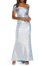 Eliza J EJ10-4461 Off The Shoulder Foil Knit Gown SZ 6 Blue