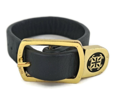 RUSTIC CUFF BRACELET vintage BLACK SOFT LEATHER Gold Metal Buckle sizable