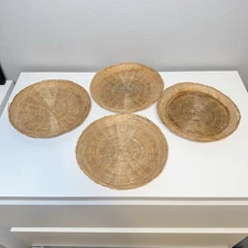 Set of 4 Rattan Flat Baskets Woven 9 inch Length Bohemian Home Decor Cottagecore