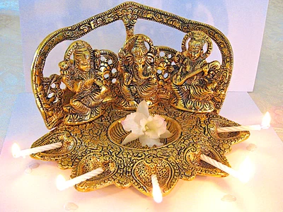 Indian of Lord Ganesha with alongside Laxmi, & Saraswati goddess oil lamp - Image 1 of 4