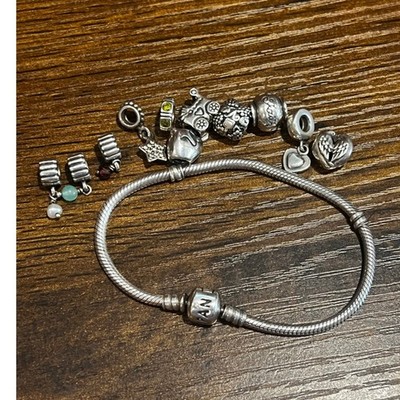 Retired Pandora 925 ALE Sterling Silver Charm Bracelet with 10 Charms 41 grams