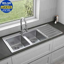 Stainless Steel 2 Double Bowl Kitchen Sink Square Inset Reversible Drainer Waste