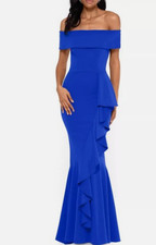 Betsy & Adam Women's Off the Shoulder Side Ruffle Gown Marine Blue Size 14