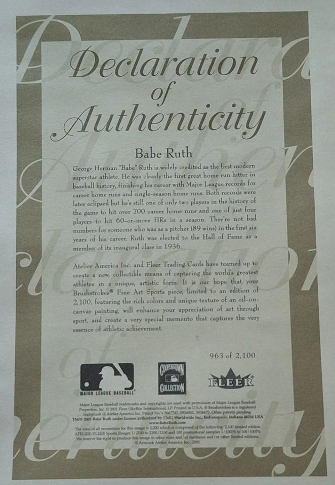 2001 BABE RUTH Atelier Fleer Oil-on-Canvas Painting Print Ltd Edition 963/2100   - Image 3 of 3