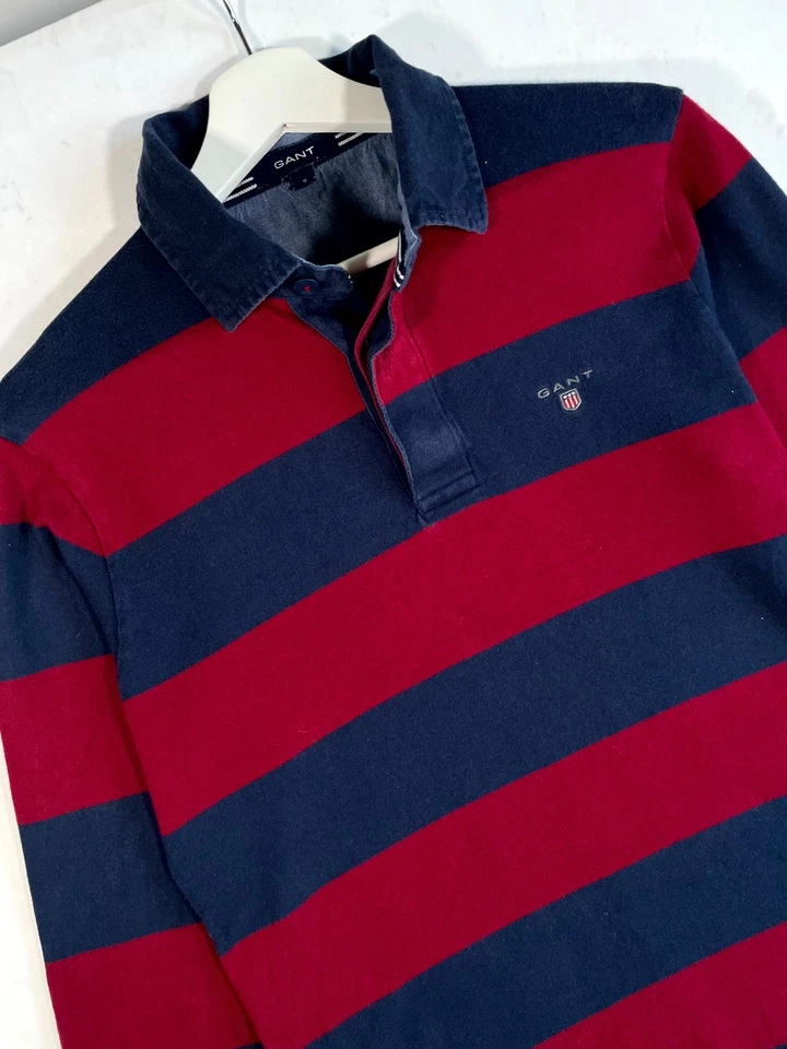Camisa Polo Gant Rugby Para Hombre Pequeña Roja Azul Marino Rayas Manga Larga Foto 2 de 4