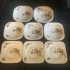 Art Deco Staffordshire Parrot & Floral 3 Side Plates, 3 Saucers, 3 Small Saucers
