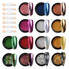 Chrome Nail Powder Set 14 Colors Pink Blue Silver Metallic Effect Mirror Powd...