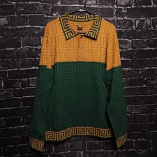 Prestige Mens XL Green Geometric Monogram Long Sleeve Polo Wool Sweater