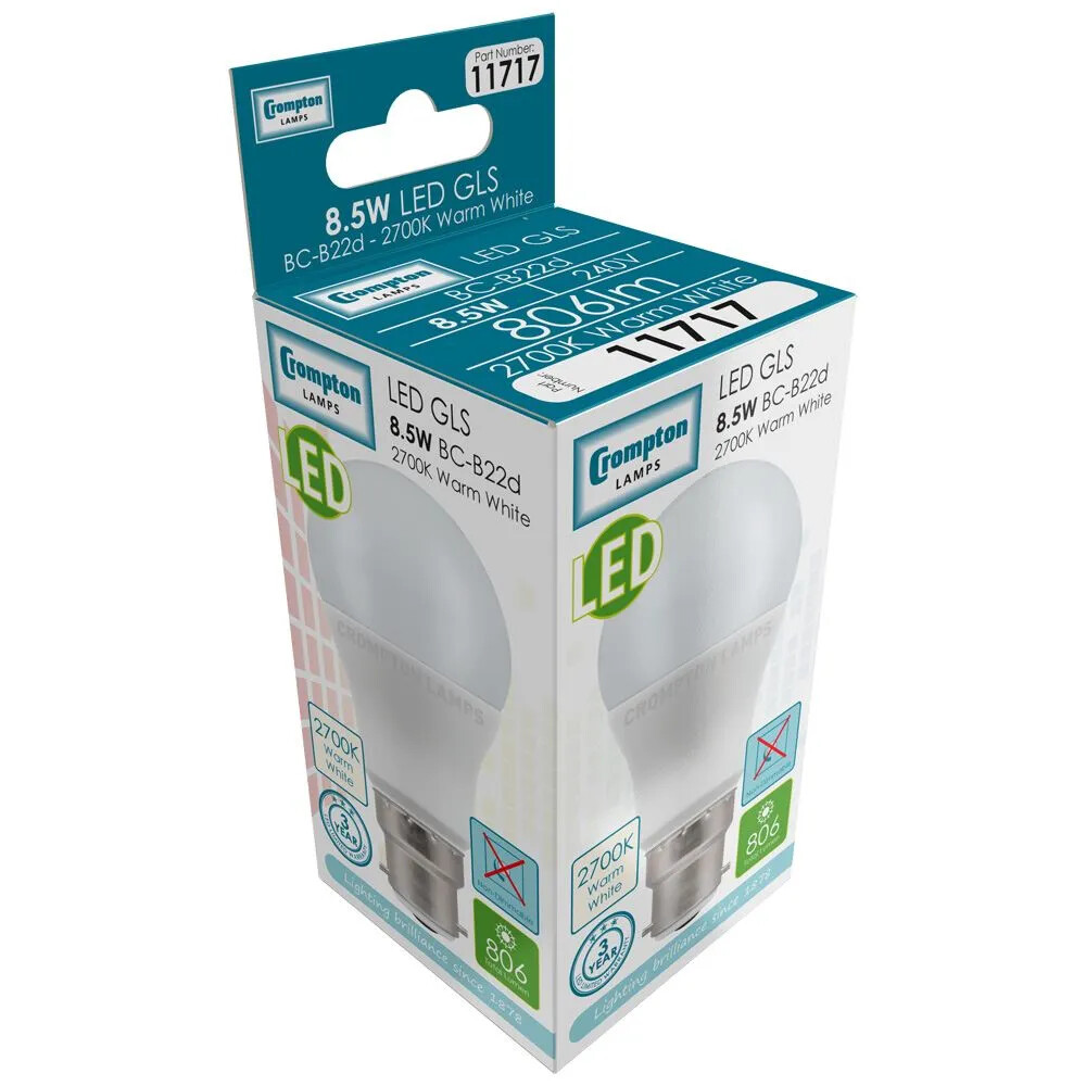 2 x LED GLS 8.5W CROMPTON BC B22 Warm White 2700K 806LM = 60 WATT 11717