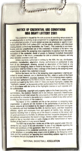 VINTAGE 2001 NBA BASKETBALL DRAFT LOTTERY OFFICIAL MEDIA PRESS PASS JOHN HAREAS - Picture 3 of 3