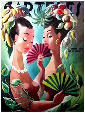 7561.Decoration Poster.Home Room wall shop design.Women with fans.Tropical hats