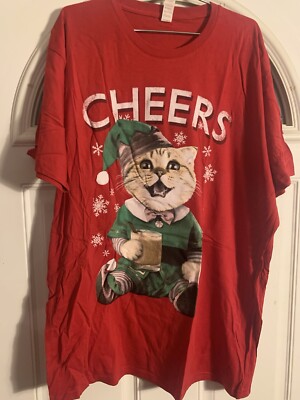 Christmas Cheers Graphic Holiday Cat T-Shirt Size Large Elf Red