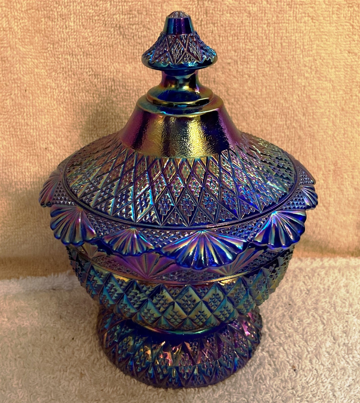 Signed Fenton Carnival Cobalt Blue Glass Pagoda Candy Dish and Lid 7