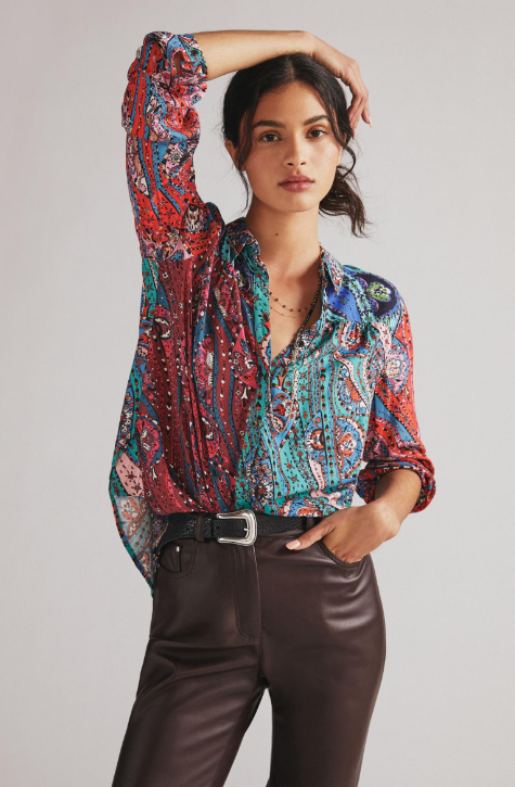 NWT Maeve The Paz Button Down Shirt XS Turquoise Patchwork Paisley
