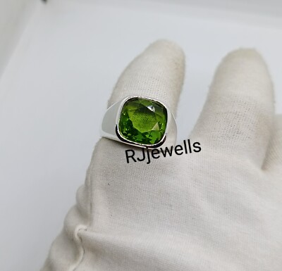Peridot Cushion Ring For Men's and Women's Lab Create Gemstone Solid Bezel Ring