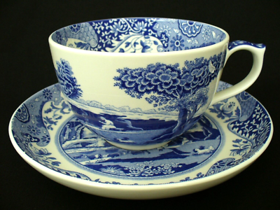 New~SPODE~Blue&White~ITALIAN~Fine Porcelain~20oz~JUMBO~Cup and Saucer~EC