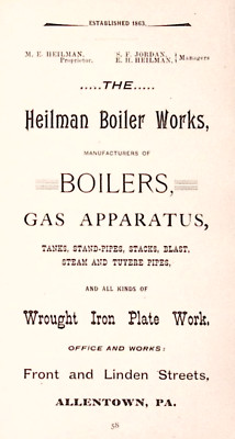 The Heilman Boiler Works Boilers Gas Apparatus Stacks Blast  ALLENTOWN PA 1895 A