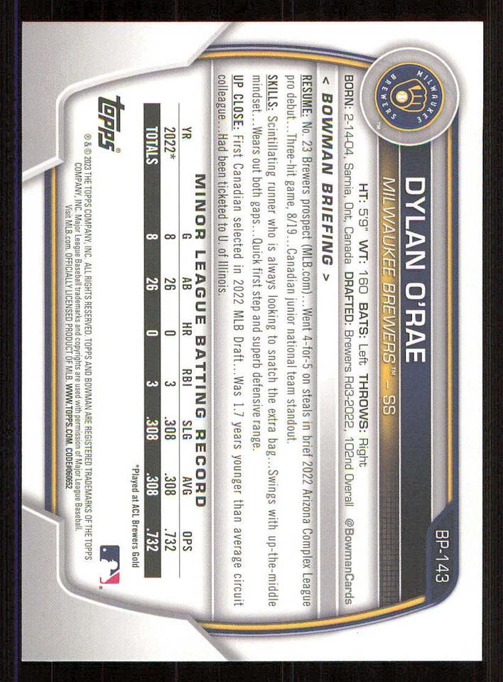 2023 Bowman Prospects #BP143 Dylan O'Rae - Image 2 of 2