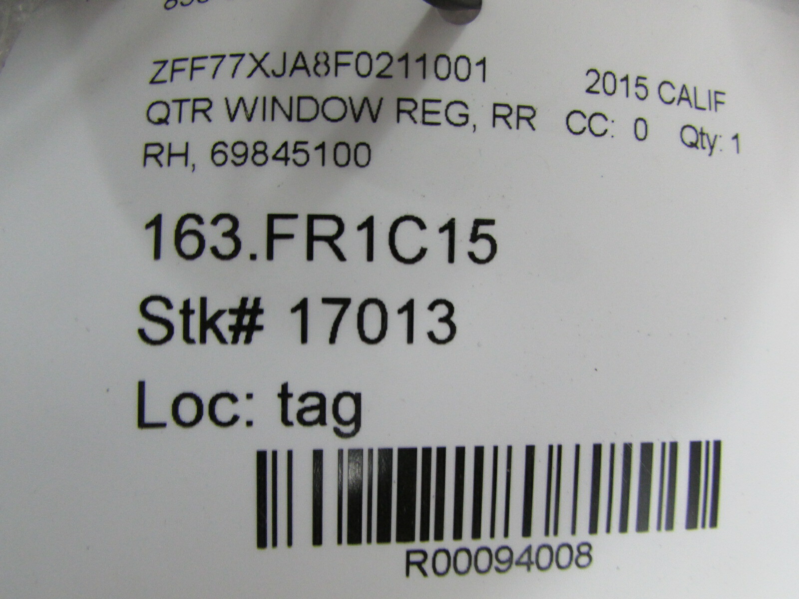 Ferrari California, RH, Right Rear Quarter Window Regulator, Used, P/N 69845100