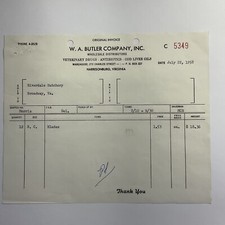 1958 Harrisonburg, Virginia W.A. Butler Co. Billhead Veterinary Drugs Broadway