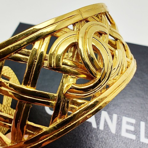 CHANEL Ribbon Bracelet Bangle AUTH Coco Mark Tone Gold Chain Vintage ken GP F/S - Picture 3 of 7