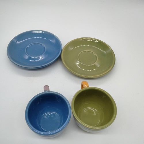Set Of (2) Geometric Colorful Demitasse Espresso Cups With Saucers Blue & Green - Picture 5 of 7