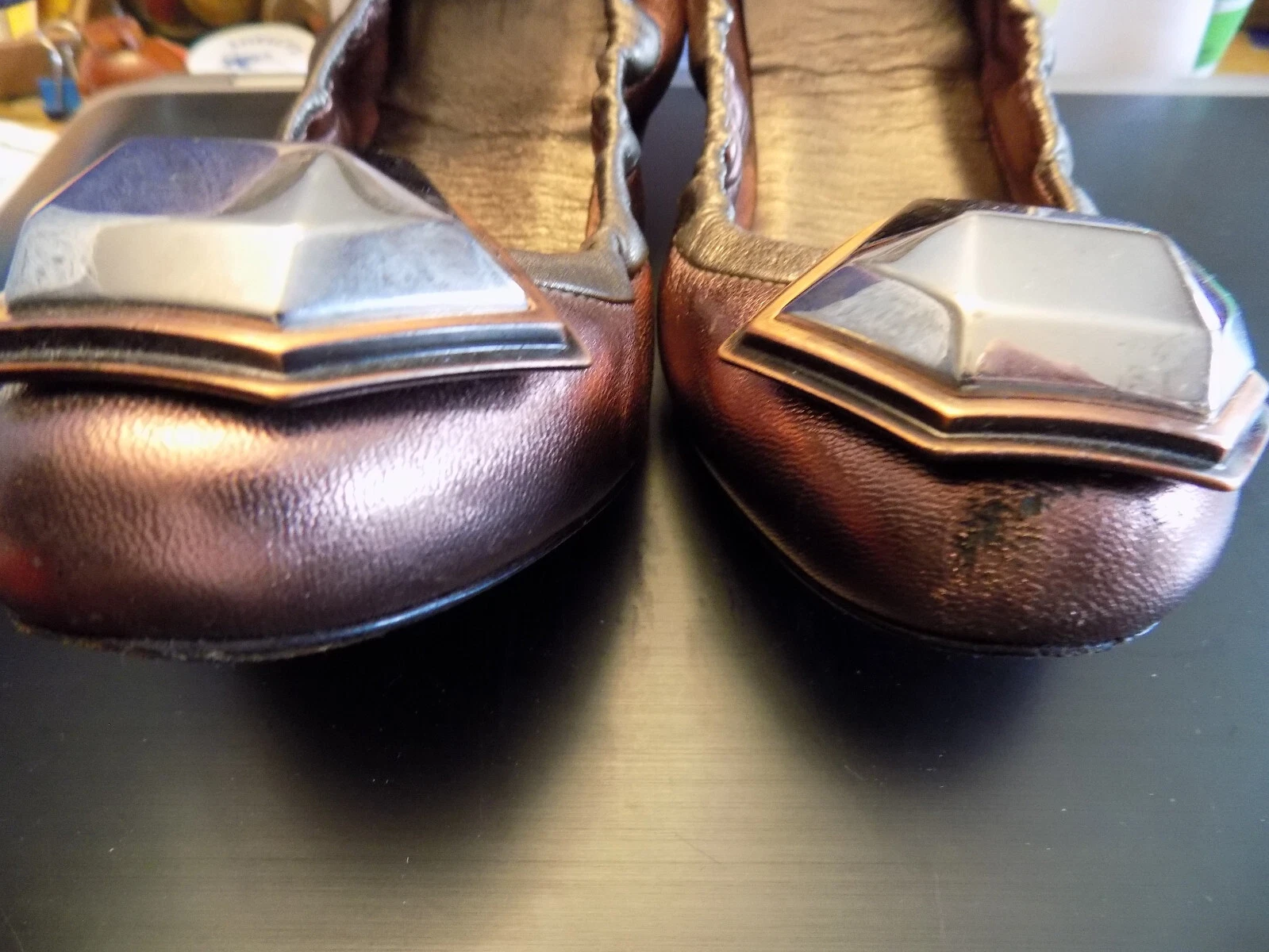 Ballerina in pelle Miu miu nappa bronzo metallizzato grande punta in metallo taglia 37 6 5