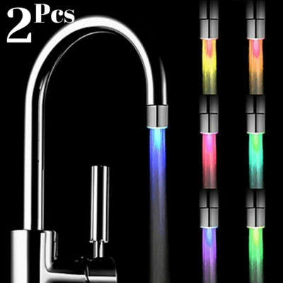 2 Pcs LED Water Stream Faucet Light 7 Colors Changing Shower Spout Sink Tap 
