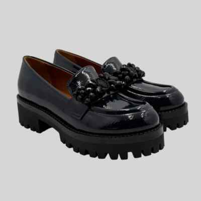 Moccasin Lorenzo Mari Patent Blue With Jewel Heel CM Connie 09 