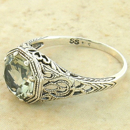 GENUINE GREEN AMETHYST 925 STERLING SILVER ANTIQUE STYLE FILIGREE RING 858X - Picture 4 of 4