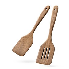 2 PCS Wooden Spatulas Set 12 Inch Flat and Slotted Acacia Wood Cooking Utensils