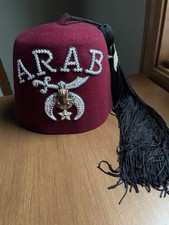 Vintage Shriners ARAB Red Fez Hat Cap  Tassel w/ Pin Size 6 5/8 21" Bejeweled