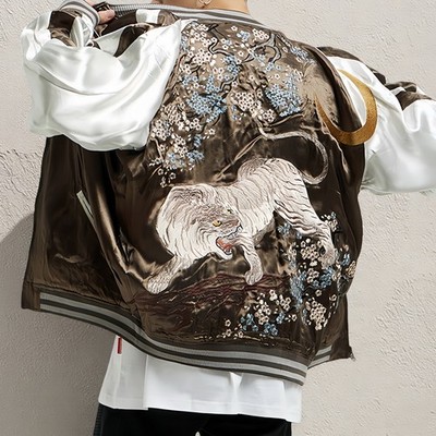 Mens Sukajan Jacket Reversible Souvenir Japanese Pattern Embroidery Tiger Ukiyoe