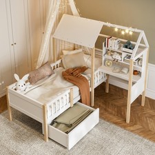 Kinderbett mit Rausfallschutz Schreibtisch Bücherregal Schublade Hausbett 90x200