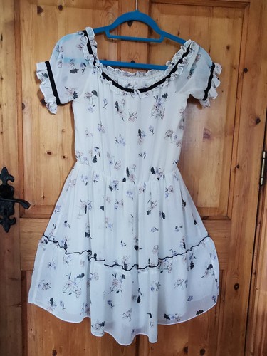 Miss Selfridge Dress Size 10 Women White Floral Chiffon Lined Frills Mini - Picture 4 of 15