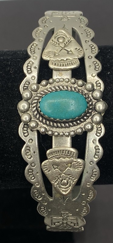 VTG Southwestern Navajo Style Stamped Tourist Nickle & Turquoise Cuff Bracelet