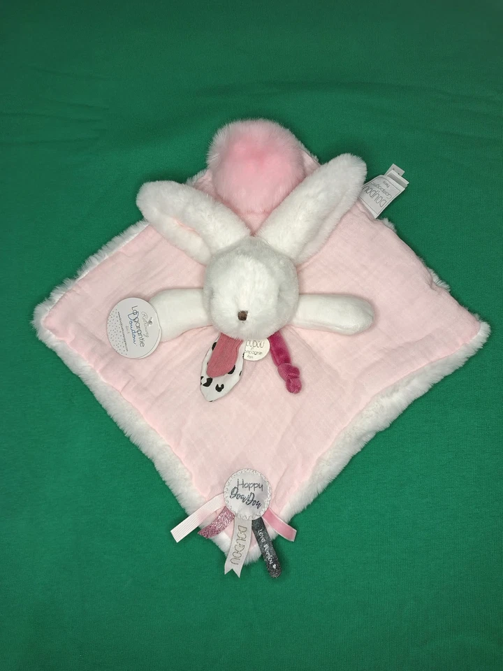 Doudou Et Compagnie Plat Carré Lange Lapin Rose Et Blanc Pompon Happy Blush Love - Photo 1/1