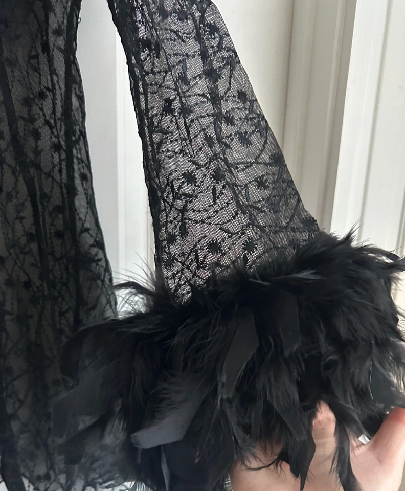 90s Y2K Black Whimsigoth Lace Feather Trim Jacket Women’s S Sheer Pinup Party - Image 4 of 4