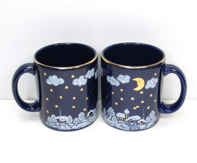 2 RARE Waechtersbach Mug Cup WINTER DREAMS 12oz Starry Night W Germany Blue Gold