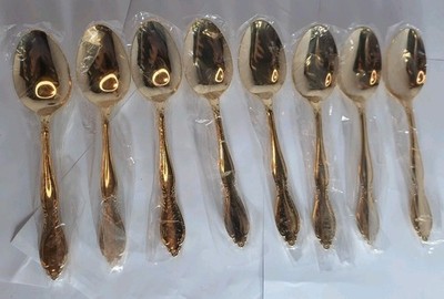 8 Gold Tone Customcraft Stainless Steel 7''  Soup Spoons Japan NEW