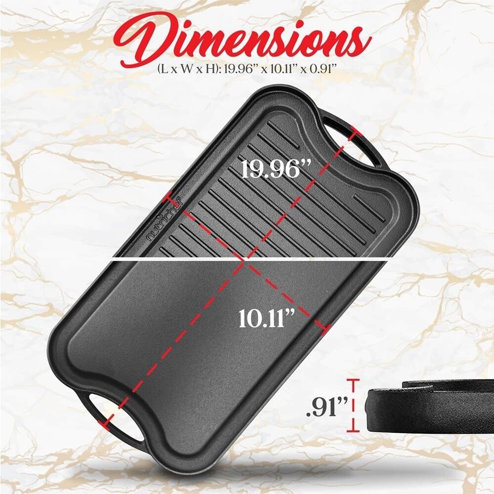 NutriChef Kitchen Plate Reversible Cast Iron Griddle, Classic Flat