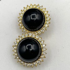 Gold-Tone Floral Rhinestone Embellished Black Onyx Round Stud Clip-On Earrings