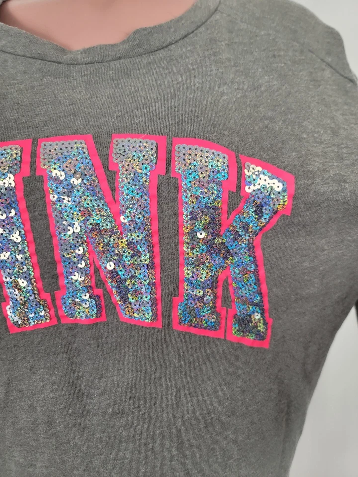 Victoria's Secret Sudadera Rosa Y2K Brillante Lentejuelas Crew Camisa Top Pequeña Gris Foto 3 de 4
