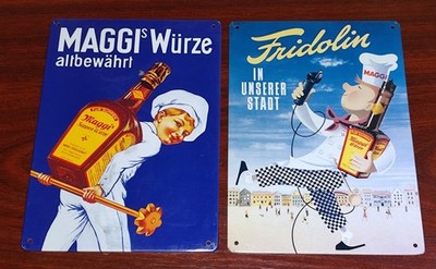 2 Blechschilder Retro-Werbung Maggi (Größe 15 x 21 cm) Sehr guter ZUSTAND 