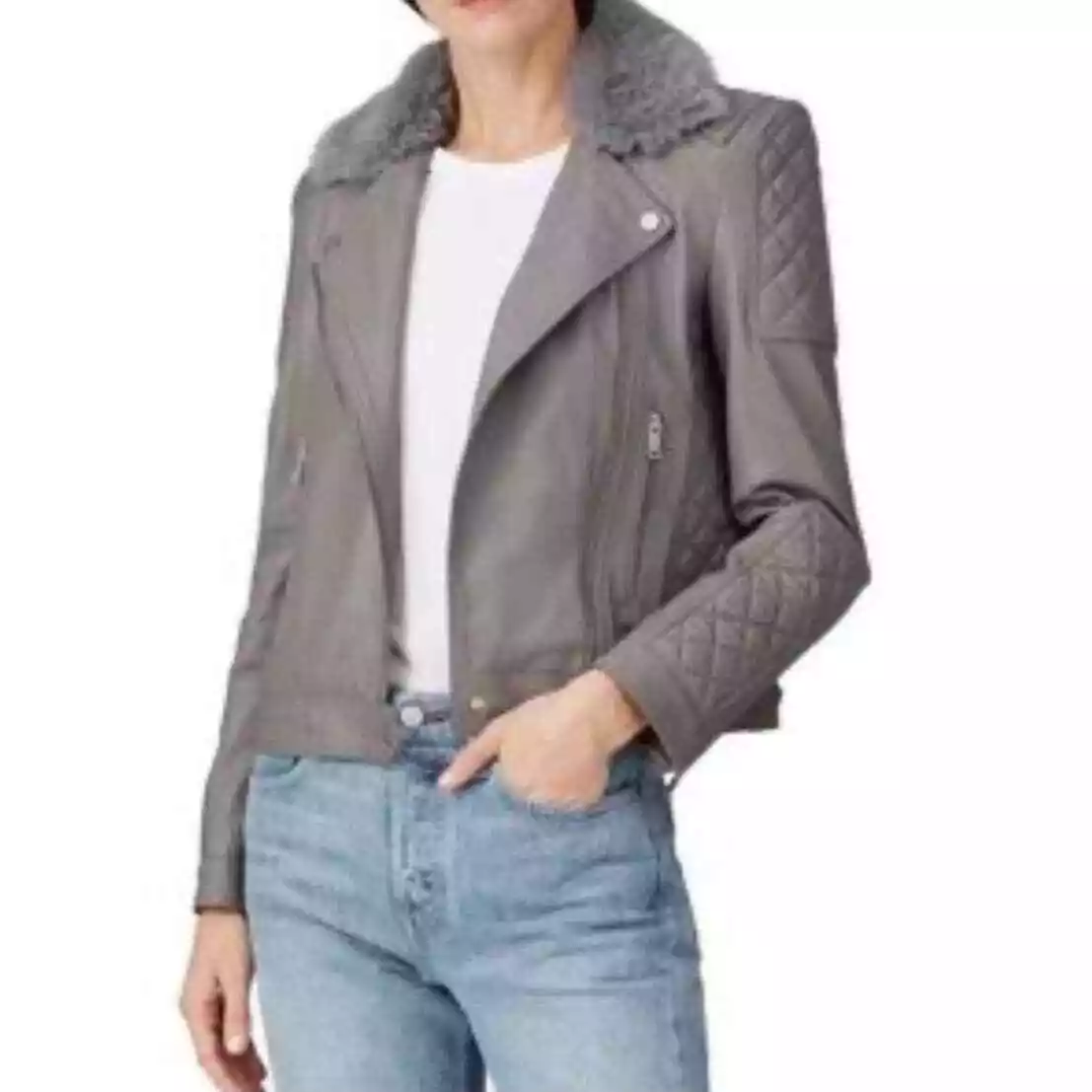 Samantha Sipos Genuine Lamb Leather Moto Jacket Gray Women s Size XL