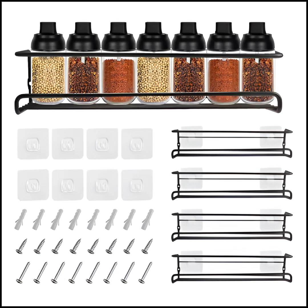 Kitchen Organizer 4-Layer Wall-Mounted Spice Rack Shelf for Jars & Bottles - Picture 1 of 7